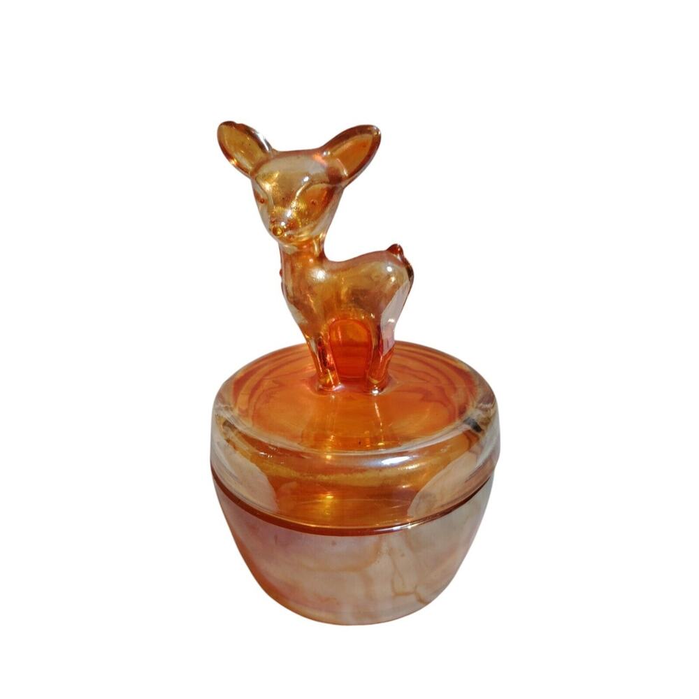 Vintage Fawn Deer Glass Powder Box Marigold Carnival Trinket Dish